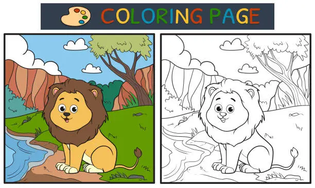 Vector illustration of coloring page or book with cartoon lion in the forest