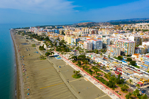 Picturesque summer view from drone of coastal Mediterranean town of Torre del Mar, Andalusia, Spain