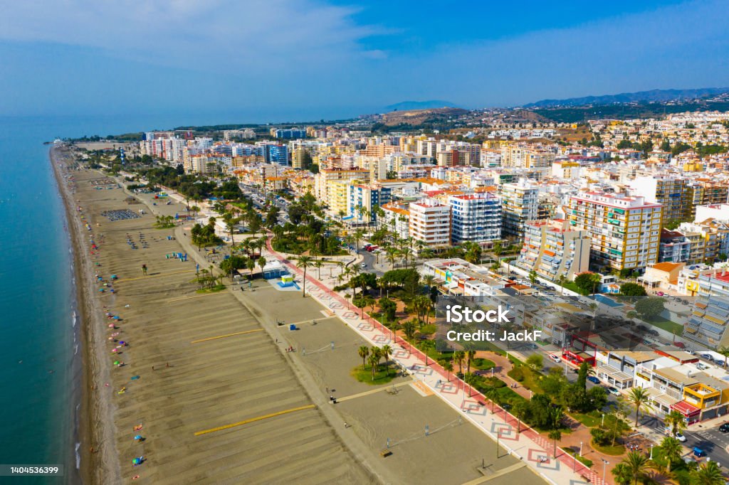 View from drone of coastal Mediterranean town of Torre del Mar, Spain Picturesque summer view from drone of coastal Mediterranean town of Torre del Mar, Andalusia, Spain Beach Stock Photo
