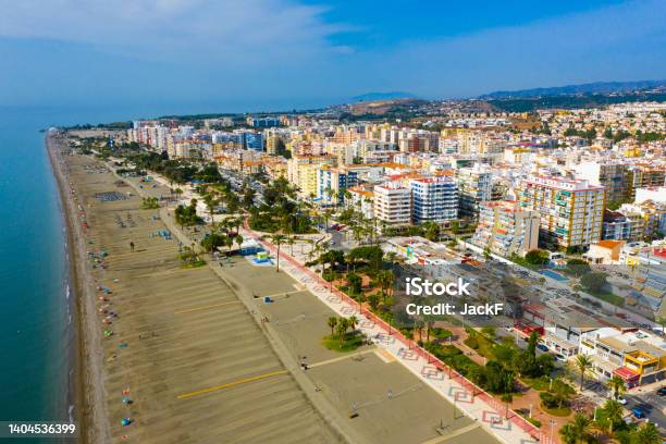 View From Drone Of Coastal Mediterranean Town Of Torre Del Mar Spain Stock Photo - Download Image Now