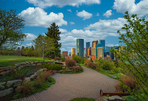 A blue cloudy sky over the downtown Calgary skyline in the springtime.