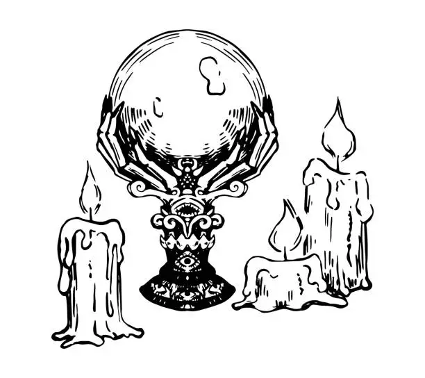 Vector illustration of Antique magic crystal ball and candles. Occult, fortune telling, witchcraft, esoteric items sketch. Halloween hand drawn vector illustration in retro style isolated on white.