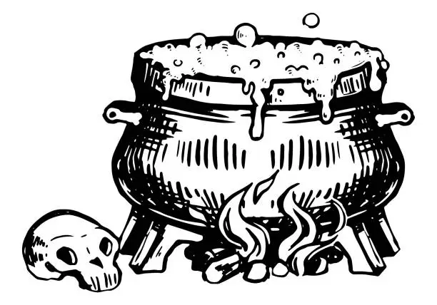 Vector illustration of Boiling witch's cauldron doodle. Witchcraft item ink sketch isolated on white. Halloween hand drawn vector illustration in retro style.