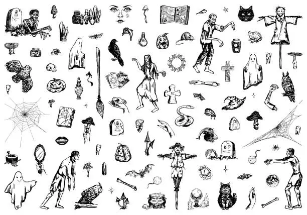 Vector illustration of Halloween collection. Zombies, witchcraft, spooky animals, ghosts, occult items. Hand drawn vector illustration in retro style. Scary sketches bundle isolated on white.