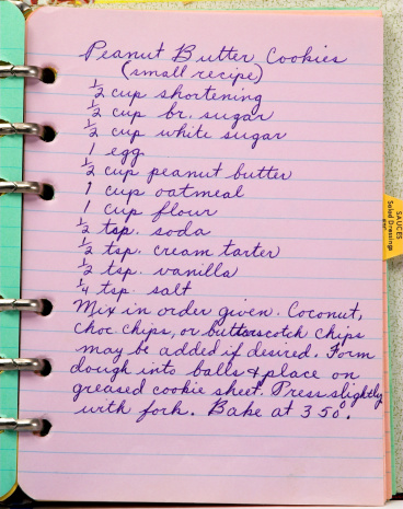 Handwritten Recipe on colored paper - Peanut Butter Cookies