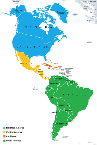 The Americas, geoscheme and political map. The North American subregion with intermediate regions Caribbean, Northern and Central America, and the subregion South America. Subdivisions for statistics.
