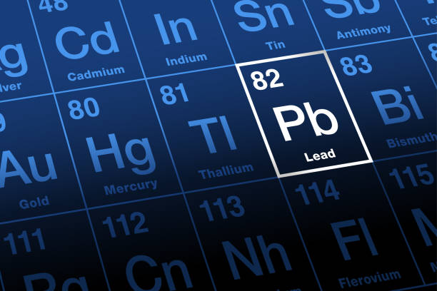 Lead, element with symbol Pb, on the periodic table Lead on periodic table. Chemical element with symbol Pb for Latin plumbum, and with atomic number 82. Soft and malleable heavy metal with low melting point. Neurotoxin that damages the nervous system. food poisoning stock illustrations