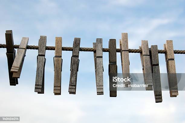 Clothes Pins On The Line Stock Photo - Download Image Now - Blue, Clothesline, Clothespin