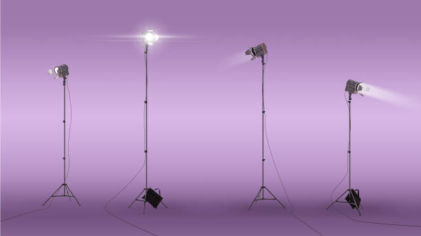 istock Professional photo studio strobe light isolated on purple background. Photo lighting. 3D realistic photo lighting. Photo studio and stage light 1404541029