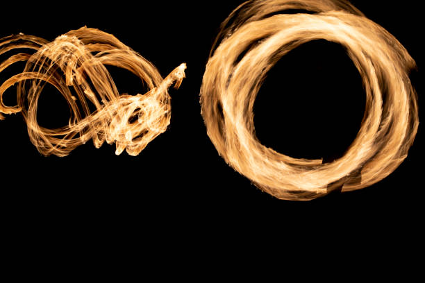 istock Circles of flames in dark. Fire show on long camera shutter speed. Flames. 1404543071