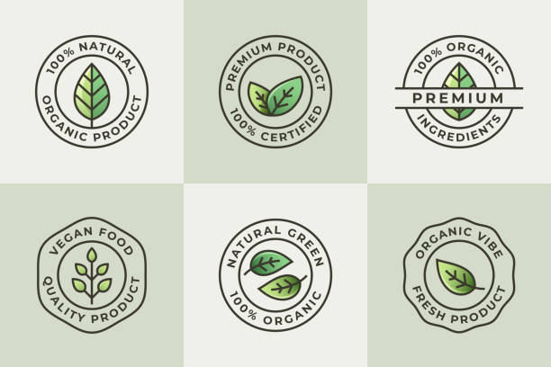 ilustrações, clipart, desenhos animados e ícones de emblema simples para produtos de sinais naturais e orgânicos. - 100 organic