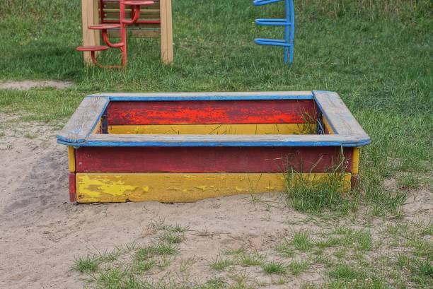 istock one colored square wooden sandbox  stands on the ground and green grass 1404543621
