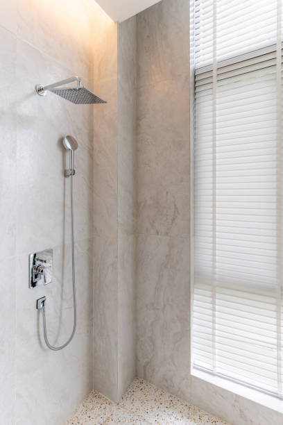 istock Shower and blinds in clean and bright bathroom 1404544156