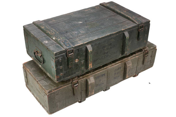 istock Soviet and russian army ammunition stack of green crates. Text in russian - type of ammunition, projectile caliber, projectile type, number of pieces and weight. 1404549504