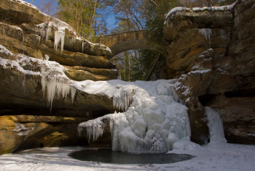 Old Mans Cave frozen water fall with rock bridge