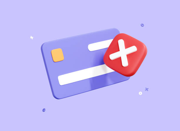3D Declined payment credit card. Canceled payment concept. Error and red cross sign. Blocked account. No pay. Cards not accepted. Cartoon illustration isolated on purple background. 3D Rendering stock photo