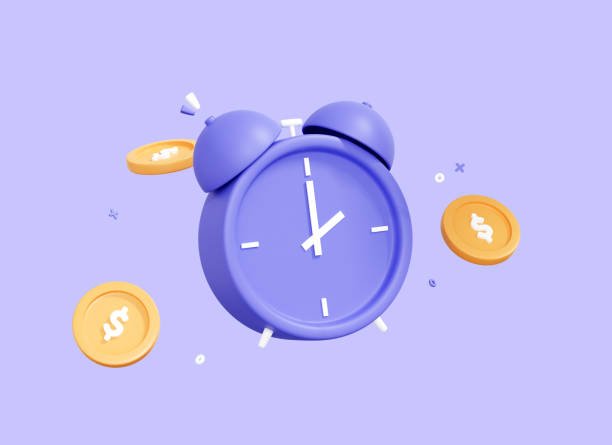 reloj despertador de dibujos animados en 3d y monedas. concepto de tiempo es dinero. recordatorio de tiempo de impuestos. inversiones empresariales, ganancias y ahorros financieros. dinero rápido. préstamo rápido. renderizado 3d - time makes money fotografías e imágenes de stock