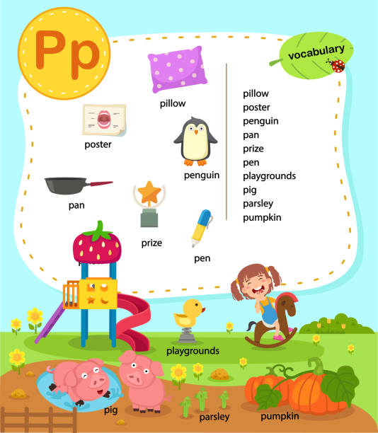 ilustrações de stock, clip art, desenhos animados e ícones de alphabet letter p education vocabulary illustration, vector - book sheet education student