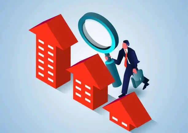 Vector illustration of Real estate development analysis and forecast, isometric businessman holding magnifying glass to observe gradually rising house, constantly increasing house price