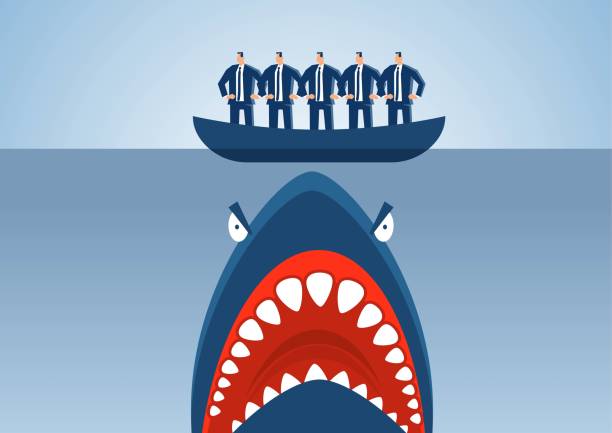 istock Occupational crisis, workplace crisis, layoff or unemployment risk and crisis, ship full of businessmen on ocean being attacked by big shark on sea bottom 1404560912
