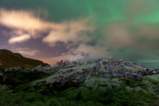 Aurora Borealis above lava fields in Iceland