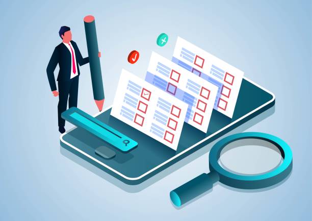 ilustrações de stock, clip art, desenhos animados e ícones de isometric businessman holding a pencil and taking a test on a smartphone, exams and education, recruitment and personal business competency assessment, online questionnaire - business form smart phone customer