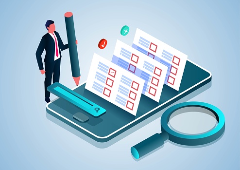 Isometric businessman holding a pencil and taking a test on a smartphone, exams and education, recruitment and personal business competency assessment, online questionnaire