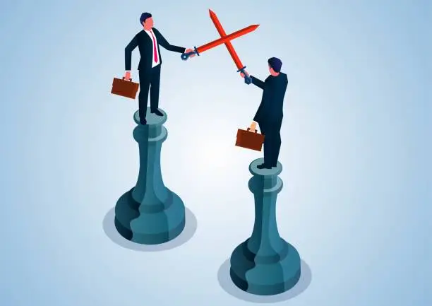 Vector illustration of Isometric two businessmen fighting with swords standing on chess, business strategy and business competition