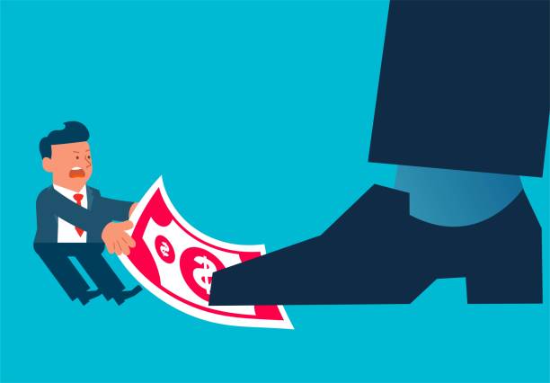 ilustrações de stock, clip art, desenhos animados e ícones de small businessman struggles to drag out the banknotes that the giant is stepping on, the difficult way for small business to survive - employee theft