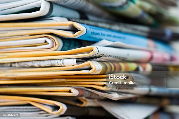 Close Up Of Stack Of Newspapers Stock Photo - Download Image Now - Document, Education, Horizontal