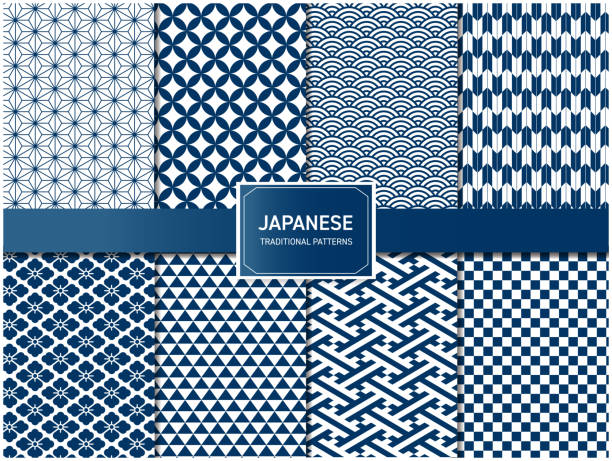 ilustraciones, imágenes clip art, dibujos animados e iconos de stock de conjunto de vectores de patrón japonés azul - estipe