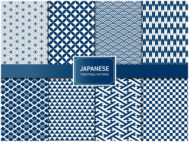 Blue Japanese pattern vector set Blue Japanese pattern vector set plant stipe stock illustrations