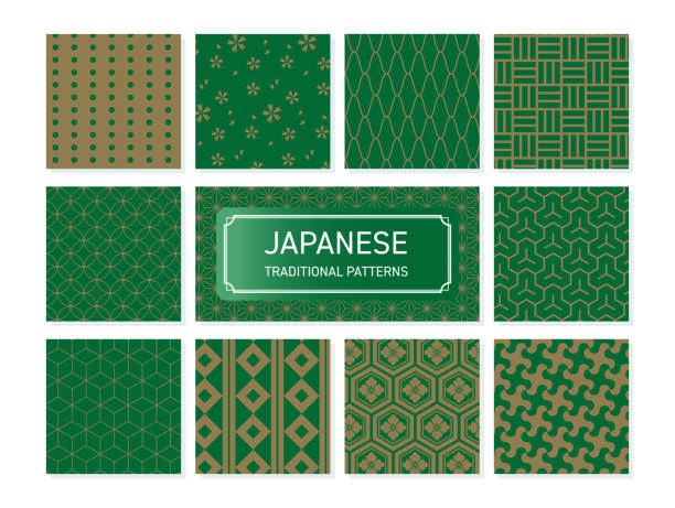 ilustraciones, imágenes clip art, dibujos animados e iconos de stock de conjunto de vectores de patrones japoneses verdes y dorados - estipe