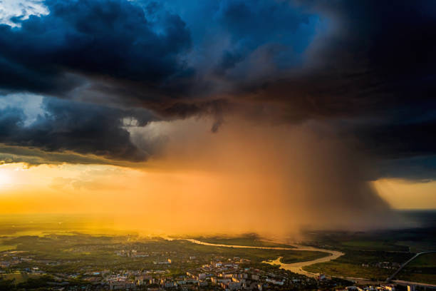 istock Dark dramatic sky aerial view. Sunset. Scary cloud. Drone photography. Flying above earth. Dangerous heaven. Storm weather. Summer rain. Nature background. Rainy season. Atmospheric mystical landscape 1404564865