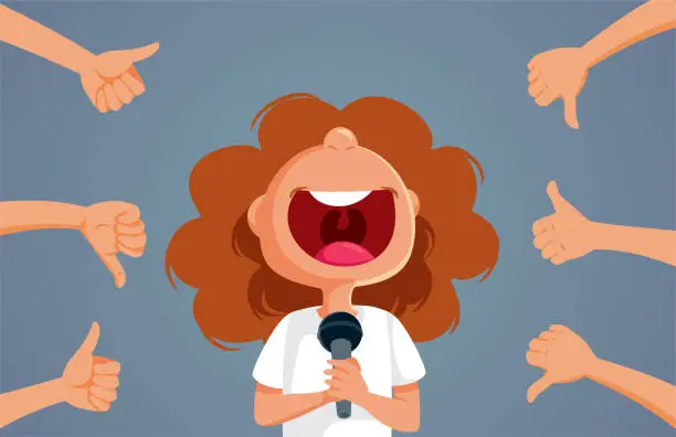 Vector illustration of Girl Singing Receiving Mixed Feedback Reactions Vector Illustration
