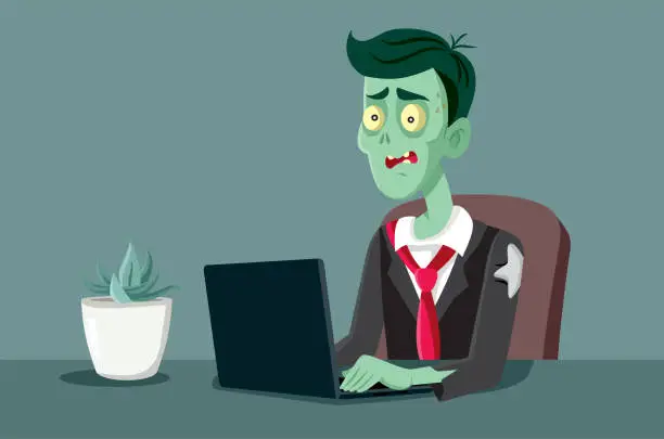 Vector illustration of Zombie Office Worker Typing on a Computer Vector Cartoon