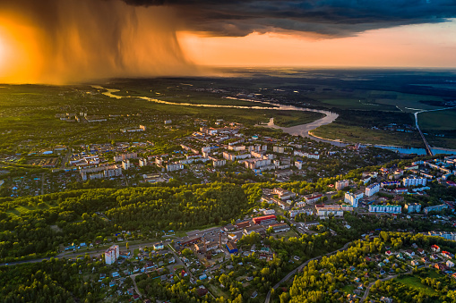 Dark dramatic sky aerial view. Sunset. Scary cloud. Drone photography. Flying above earth. Dangerous heaven. Storm weather. Summer rain. Nature background. Rainy season. Atmospheric mystical landscape