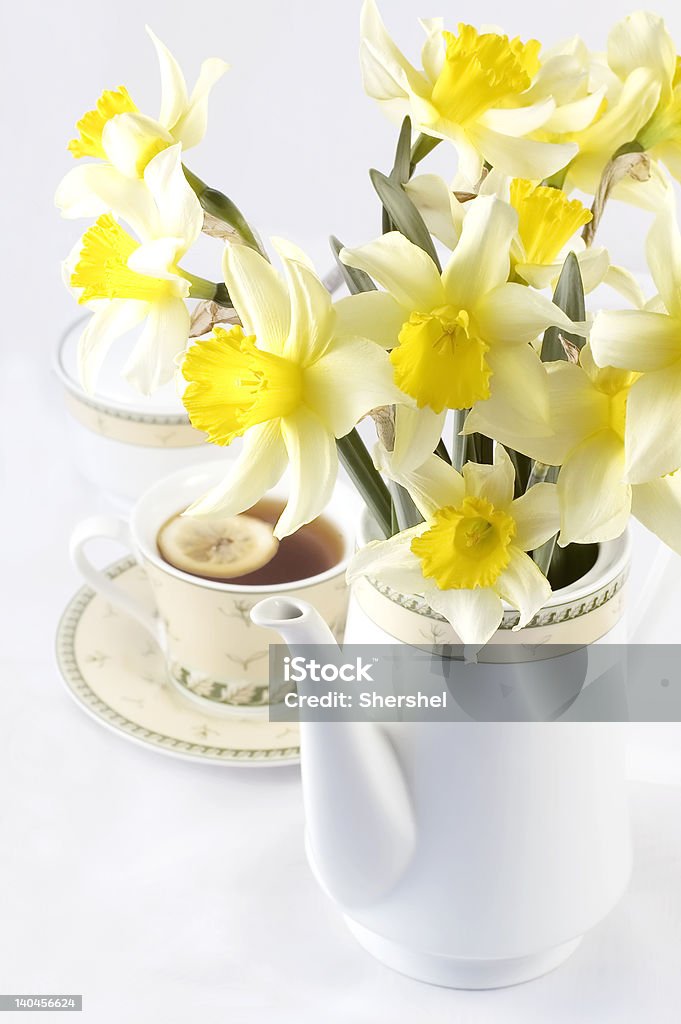 Té fresco yellow daffodils con encapsulado en blanco - Foto de stock de Aceite de infusión libre de derechos