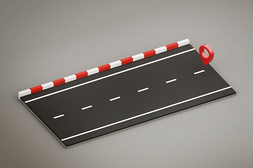 3D Map pins, GPS, Isometric view of navigator pin checking points on roadway. 3d rendering
