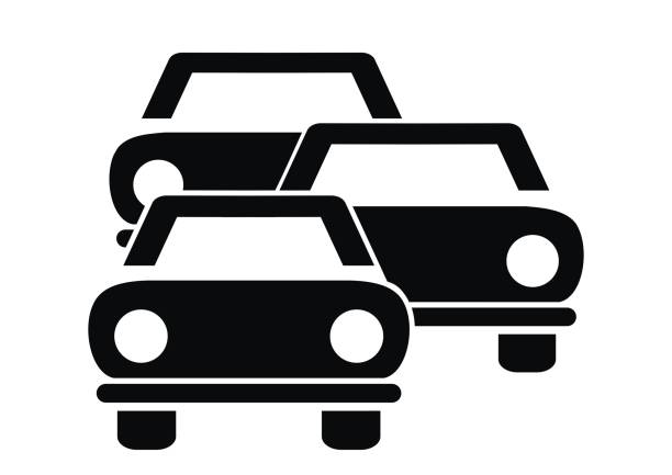 Group of cars, back icon, eps. three black automobiles, column of cars, conceptual vector icon convoy stock illustrations