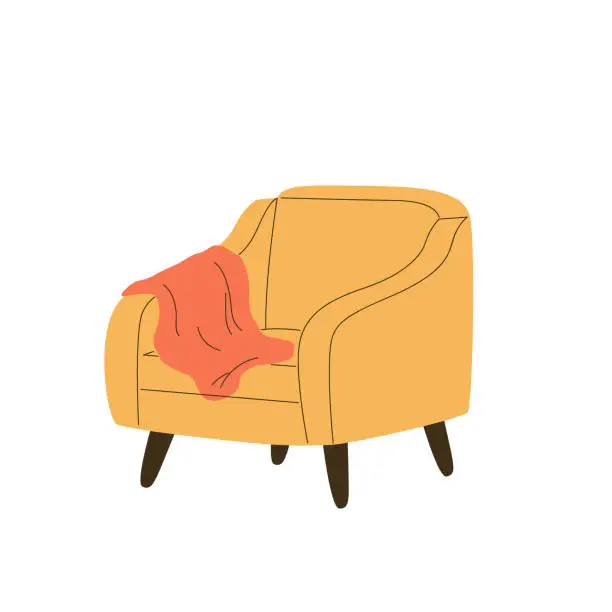 Vector illustration of Lounge seat with wood legs and throw blanket on armrest. Cozy trendy furniture design