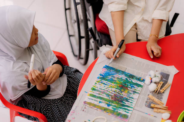 Muslim Art Teacher Having Craft Workshop Helping A Female Student