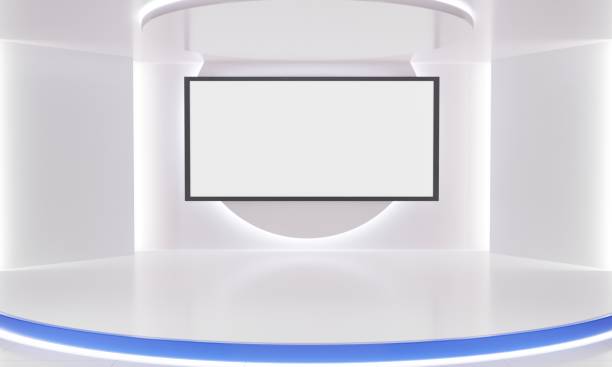 istock white stand with white light background in a news studio room.3d rendering. 1404573627