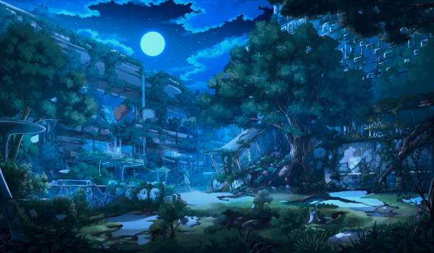 Fantasy Abandoned city - Night 2D Anime background , Illustration. ghost town stock illustrations