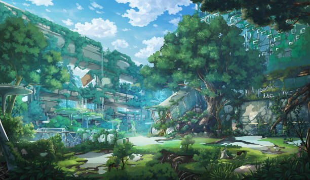 Fantasy Abandoned city - Day 2D Anime background , Illustration. abandoned place stock illustrations
