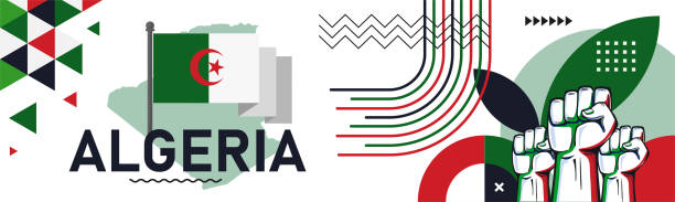 algeria national day banner with map, flag colors background. algerian theme. algiers africa vector illustration. - 阿爾基爾 幅插畫檔、美工圖案、卡通及圖標