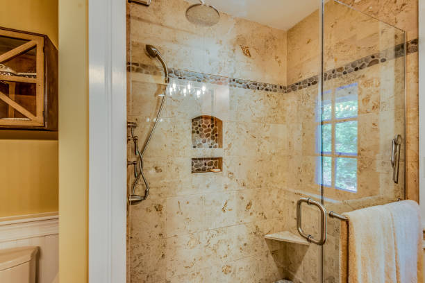 istock Beautiful tile in large spacious shower 1404578153