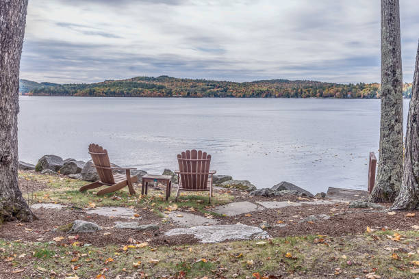 istock Two beach chairs are open for a relaxing sit by the lake 1404578179