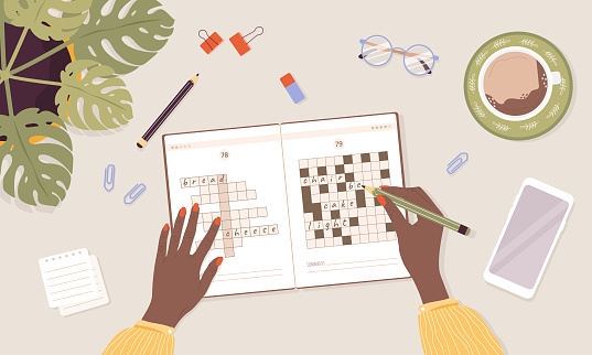 Crossword puzzle. Learning and leisure concept. African woman solves rebus. Top view workplace. Task for development of logical thinking and training brain. Vector illustration in flat cartoon style.