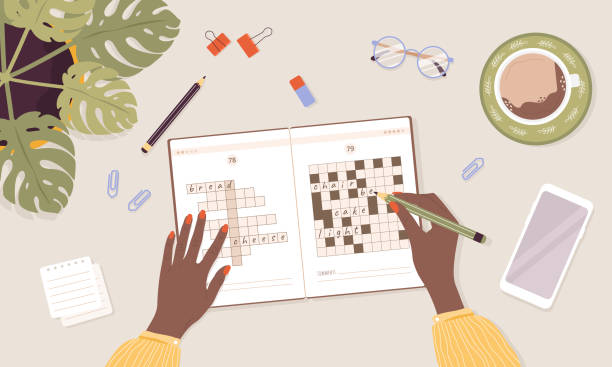 Crossword puzzle. Learning and leisure concept. African woman solves rebus. Top view workplace. Task for development of logical thinking and training brain. Vector illustration in flat cartoon style Crossword puzzle. Learning and leisure concept. African woman solves rebus. Top view workplace. Task for development of logical thinking and training brain. Vector illustration in flat cartoon style. leasure games stock illustrations